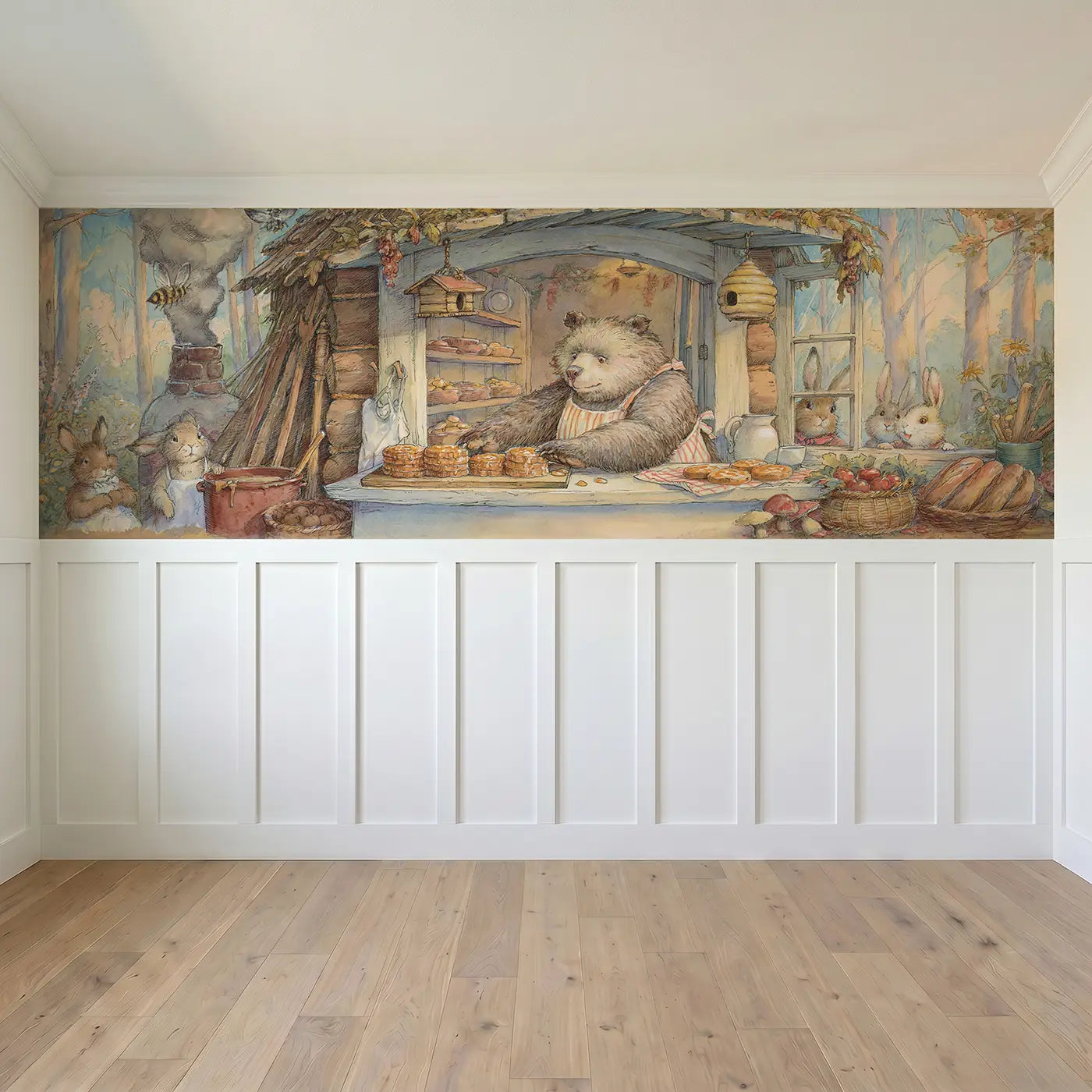 Full panel view of Bear Bakery Honey Cake Wainscoting Wallpaper by Whimsy Tots