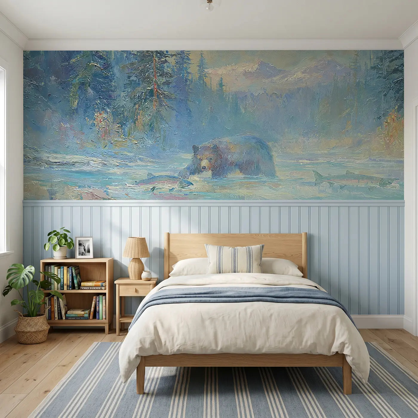 Painted Landscape bear mountain stream catch wainscoting wallpaper for bedroom by Whimsy Tots.