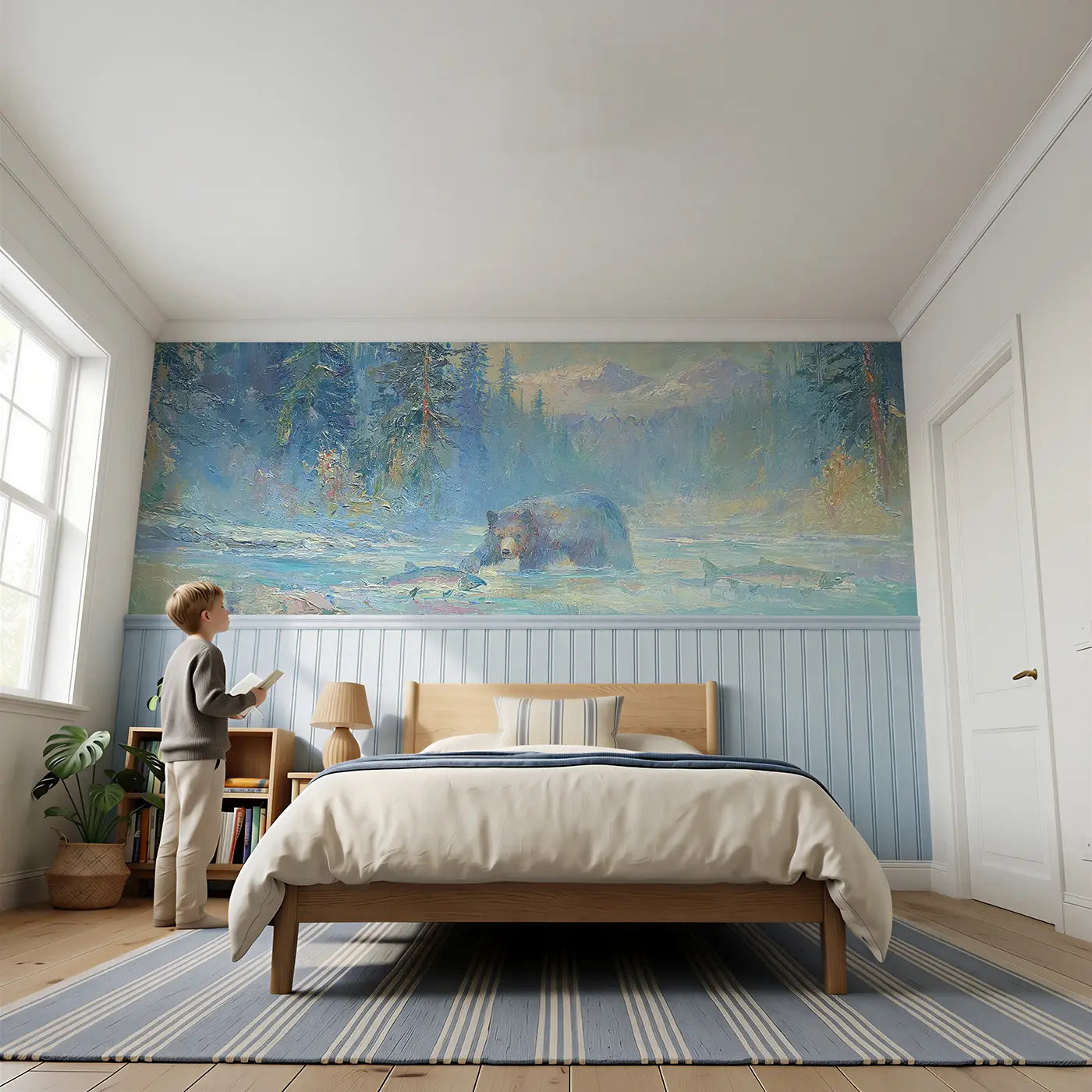 Child reading near Bear Mountain Stream Catch Wainscoting Wallpaper by Whimsy Tots