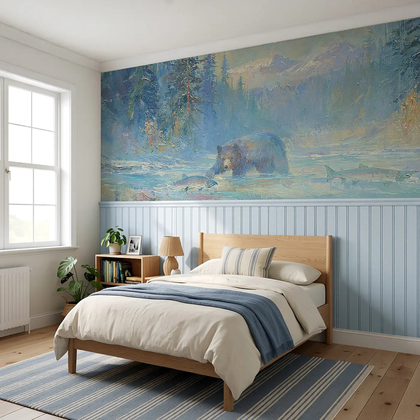 Bear Mountain Stream Catch Wainscoting Wallpaper styled in a kids bedroom by Whimsy Tots