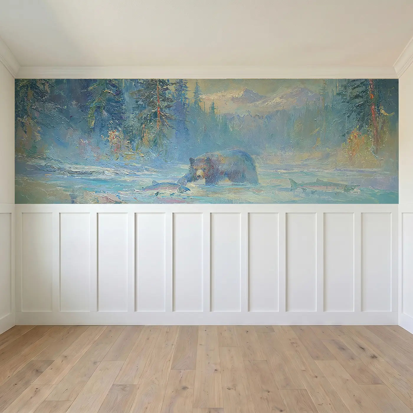 Full panel view of Bear Mountain Stream Catch Wainscoting Wallpaper by Whimsy Tots
