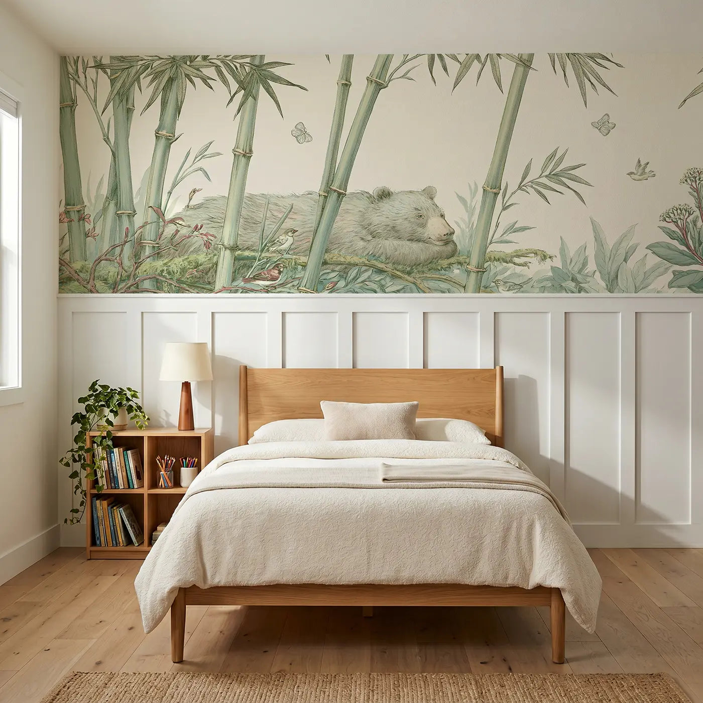 Botanical Elegance bear bamboo forest toile wainscoting wallpaper for bedroom by Whimsy Tots.