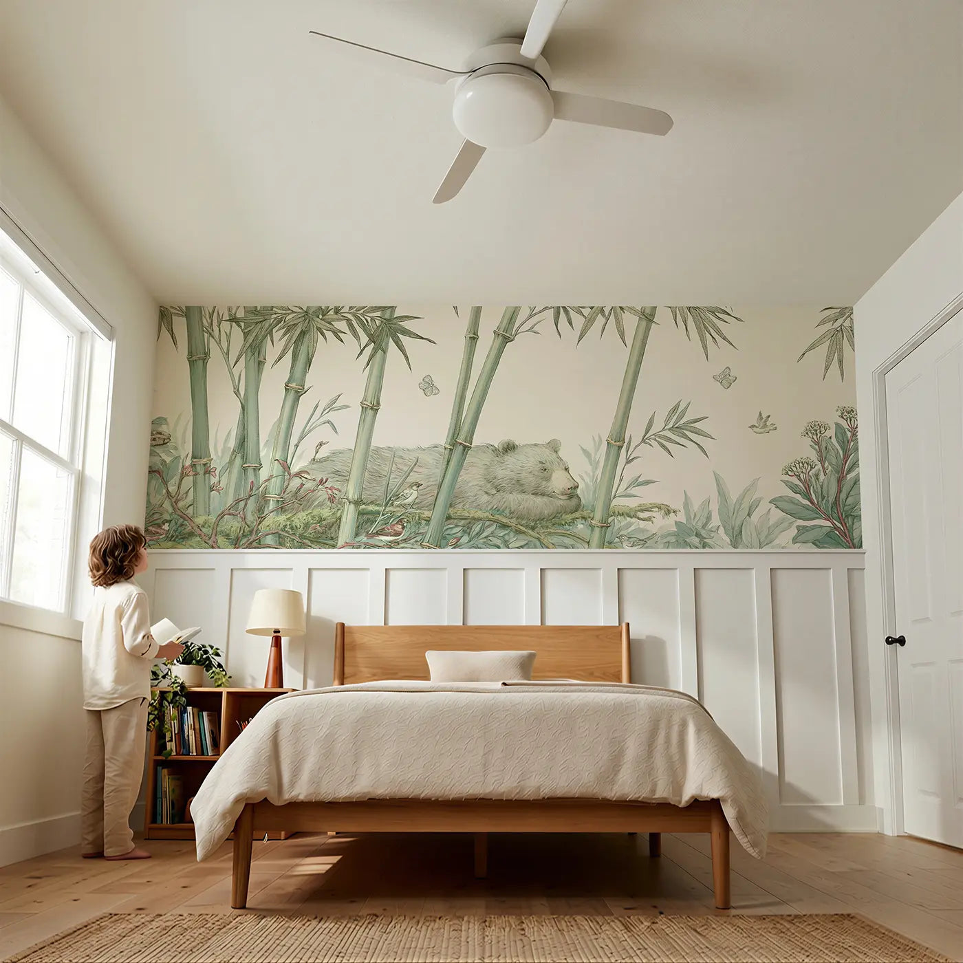 Child reading near Bear Bamboo Forest Toile Wainscoting Wallpaper by Whimsy Tots