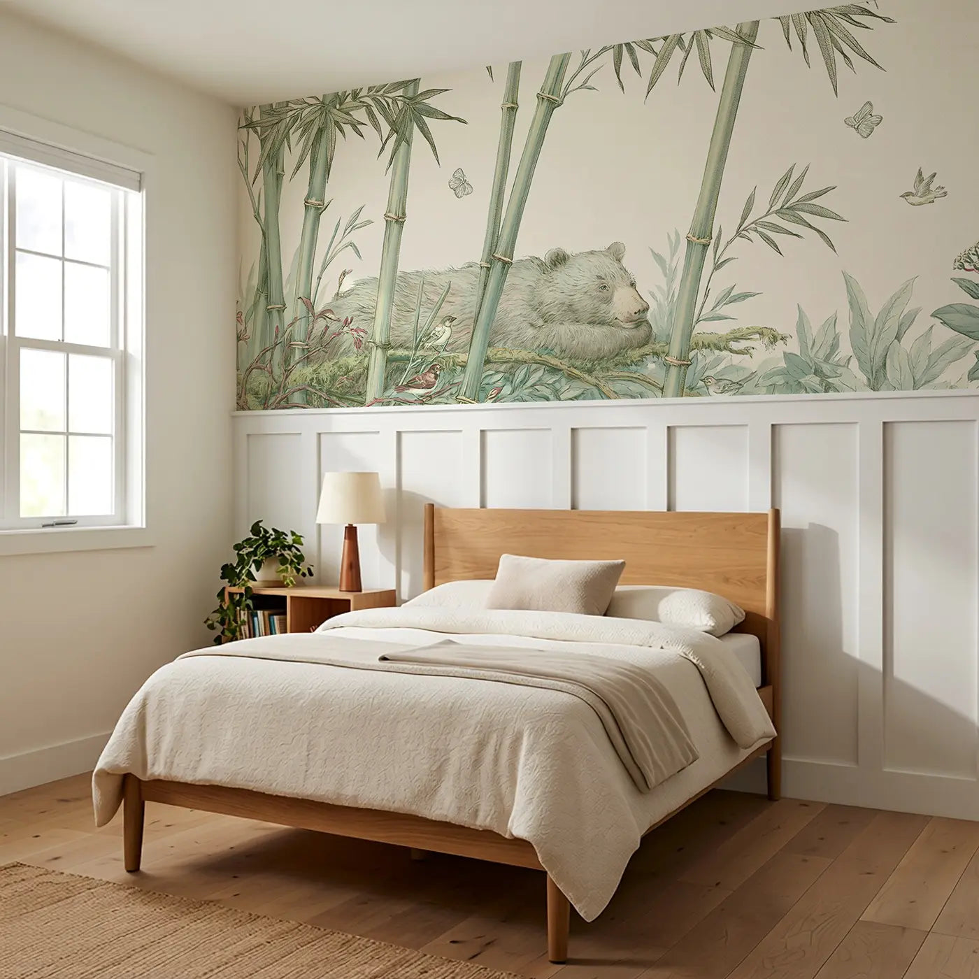 Bear Bamboo Forest Toile Wainscoting Wallpaper styled in a kids bedroom by Whimsy Tots