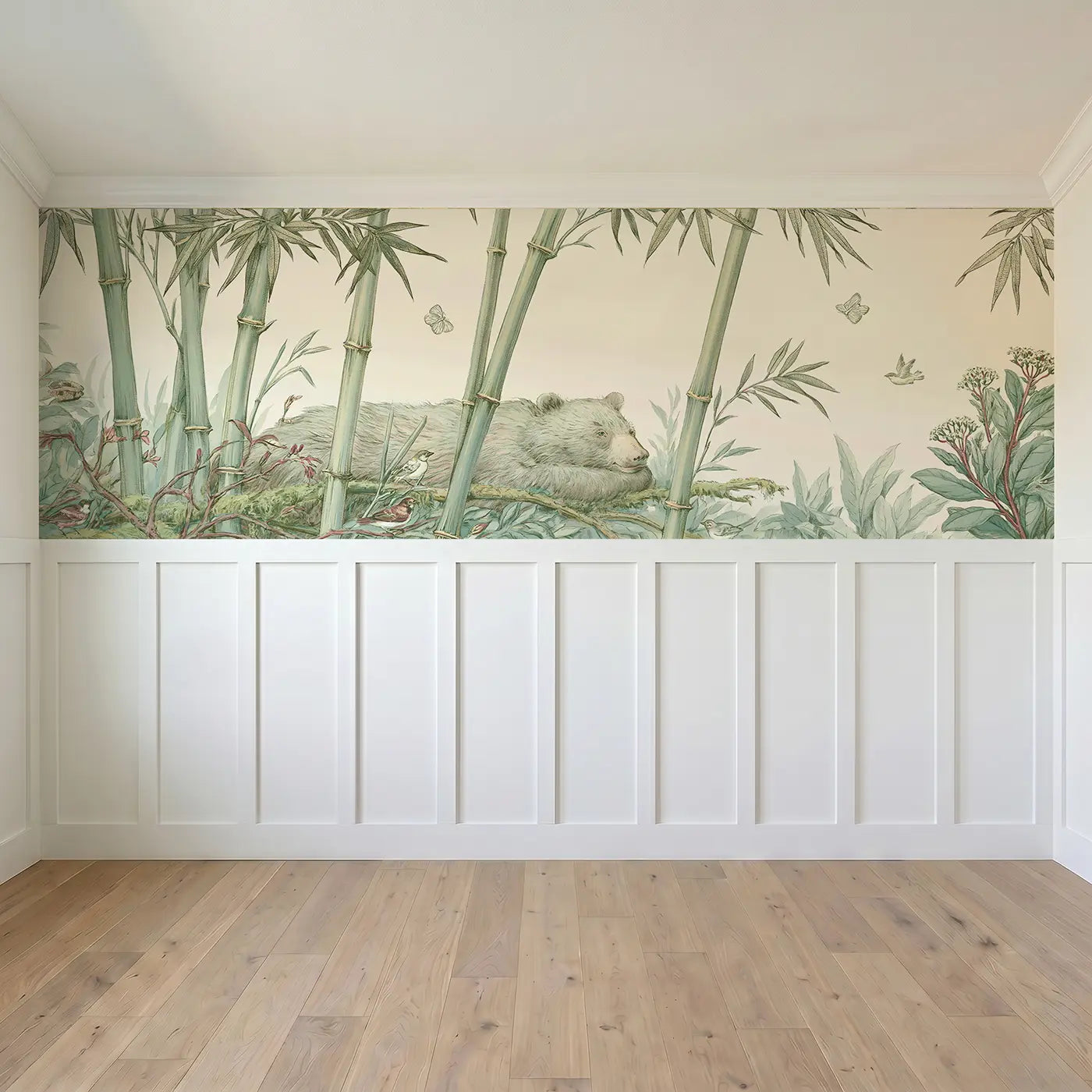Full panel view of Bear Bamboo Forest Toile Wainscoting Wallpaper by Whimsy Tots