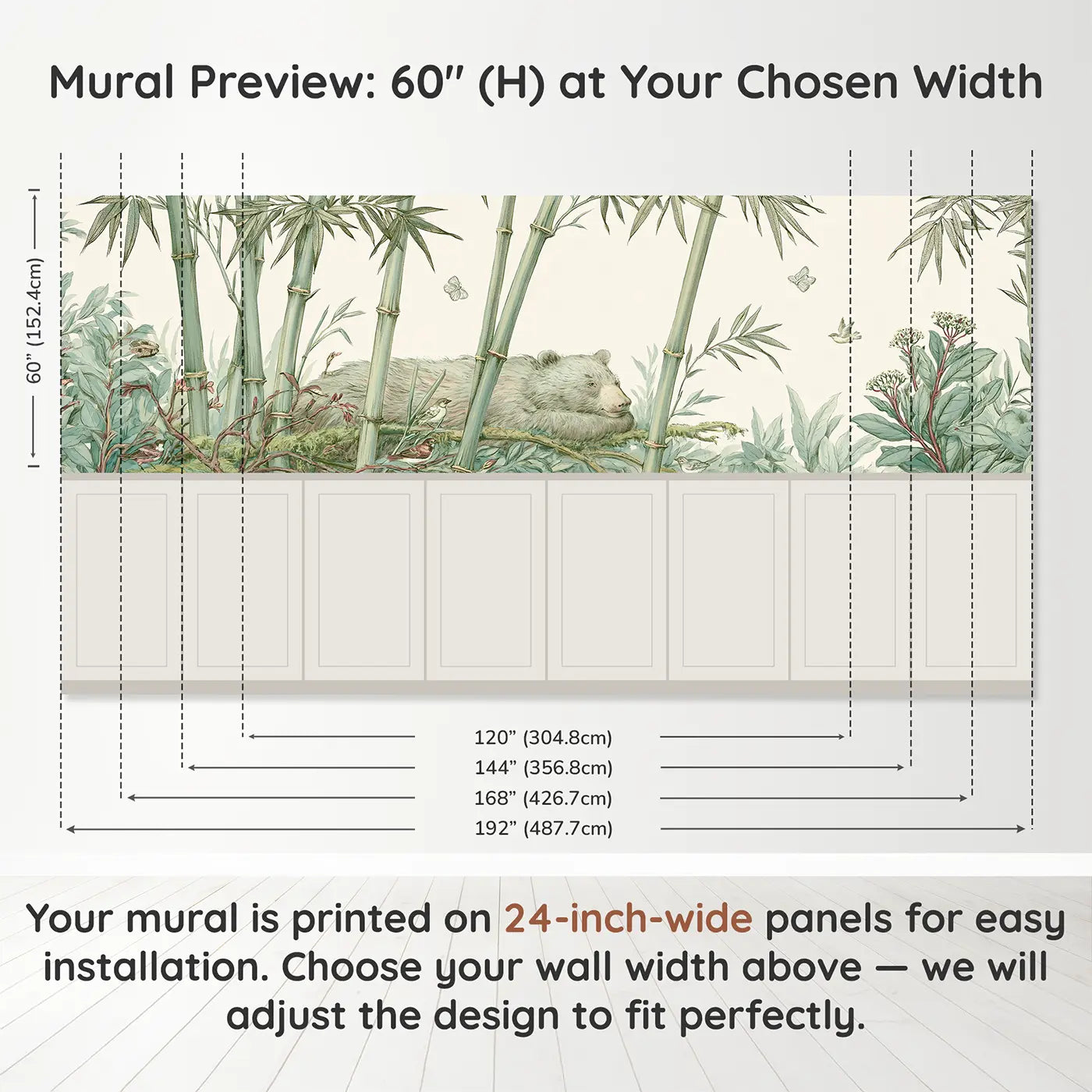 Panel dimensions for Bear Bamboo Forest Toile Wainscoting Wallpaper by Whimsy Tots