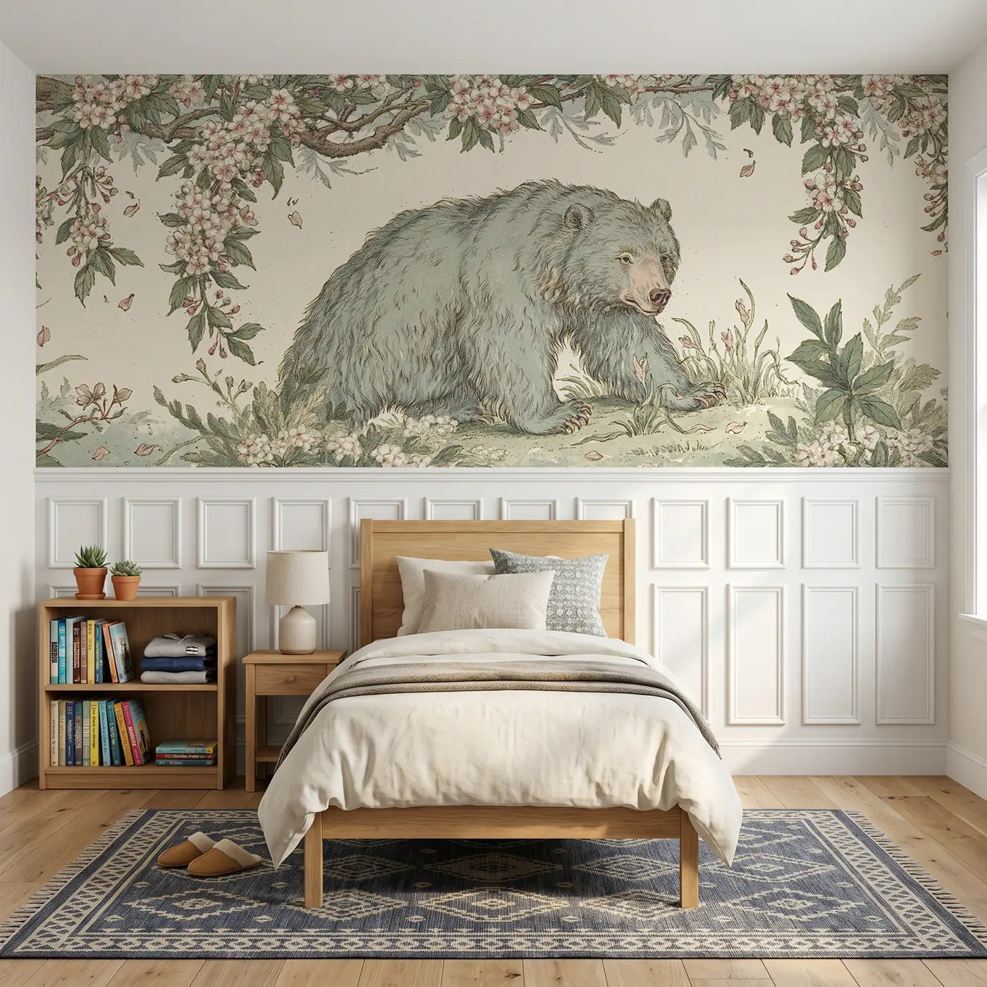 Botanical Elegance bear cherry blossom meadow toile wainscoting wallpaper for bedroom by Whimsy Tots.