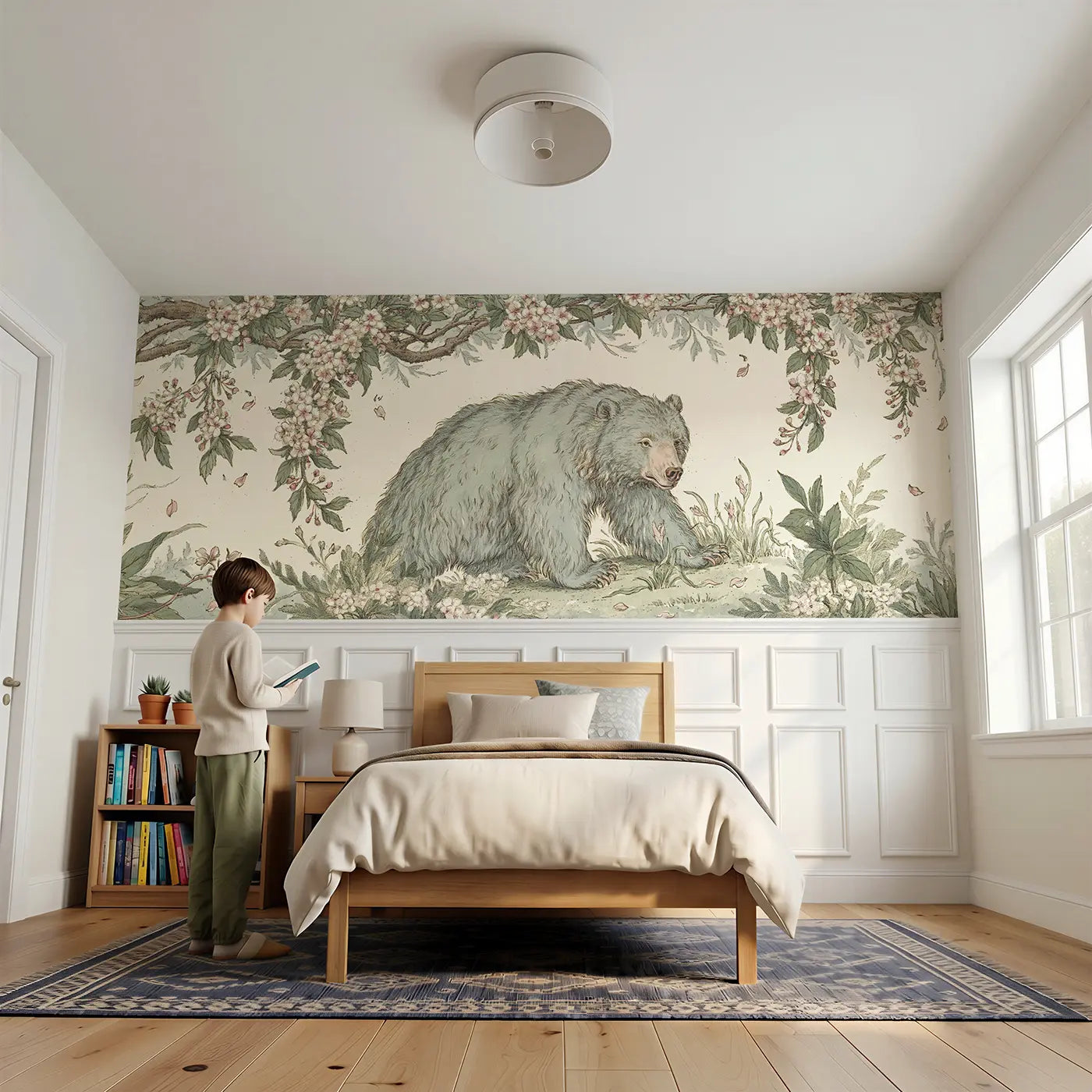 Child reading near Bear Cherry Blossom Meadow Wainscoting Wallpaper by Whimsy Tots