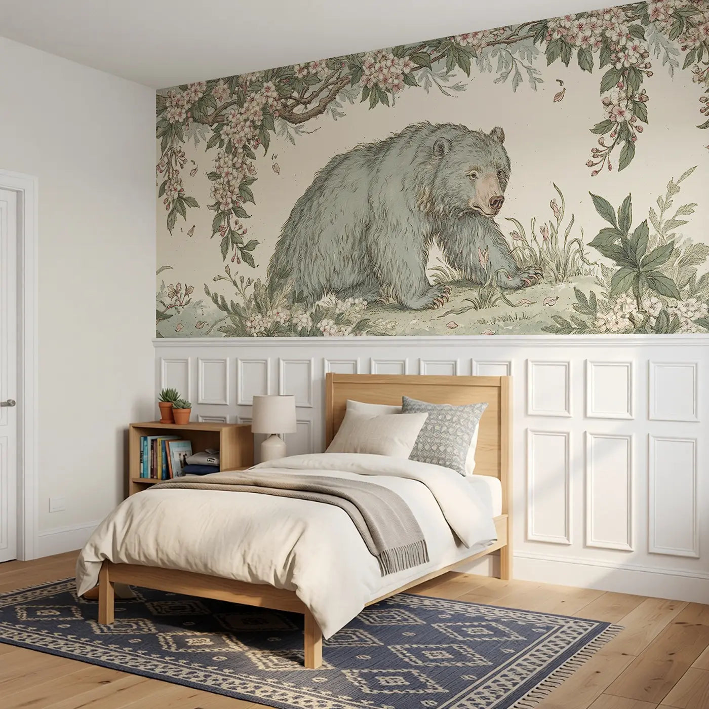 Bear Cherry Blossom Meadow Wainscoting Wallpaper styled in a kids bedroom by Whimsy Tots