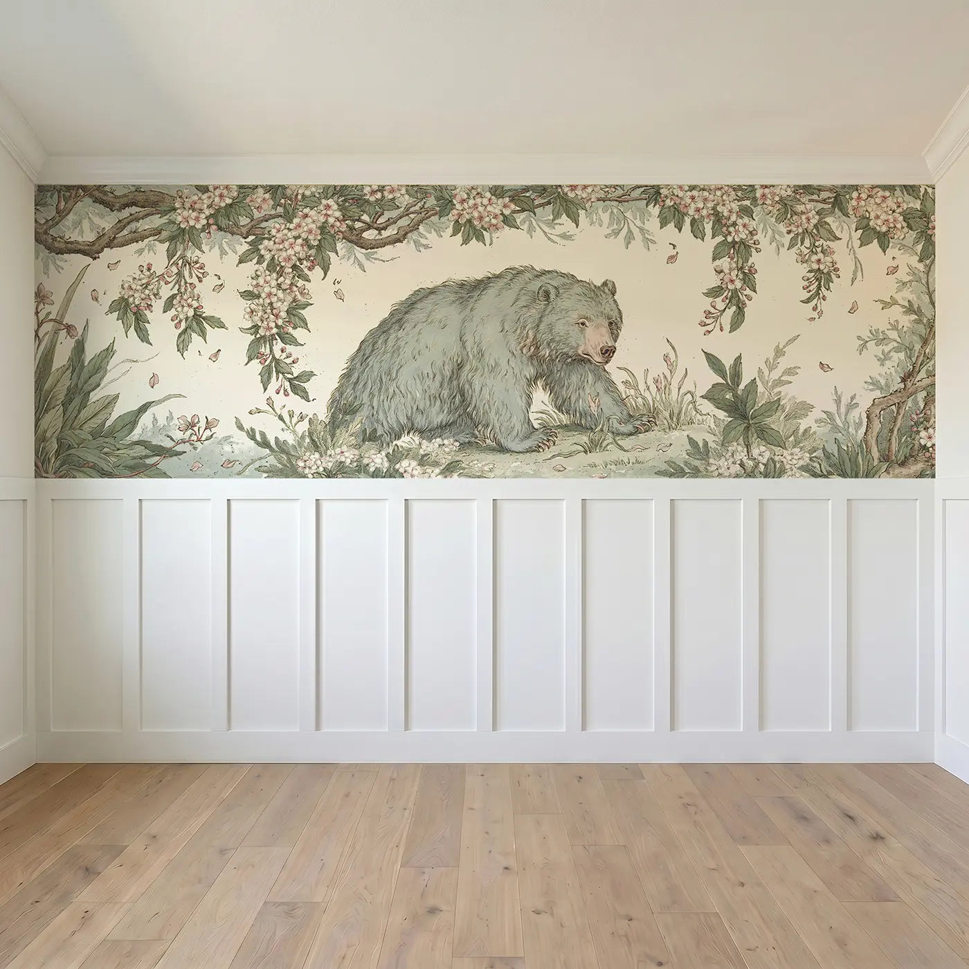 Full panel view of Bear Cherry Blossom Meadow Wainscoting Wallpaper by Whimsy Tots