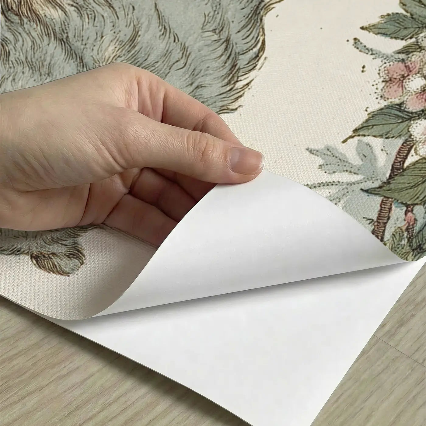Peel-and-stick detail of Bear Cherry Blossom Meadow Wainscoting Wallpaper by Whimsy Tots