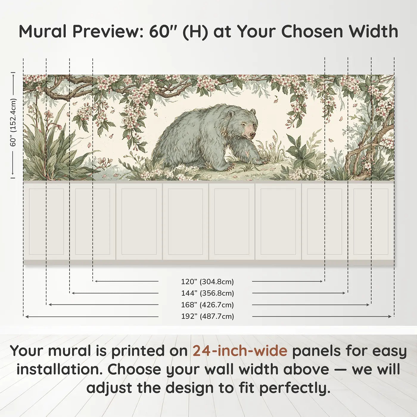 Panel dimensions for Bear Cherry Blossom Meadow Wainscoting Wallpaper by Whimsy Tots