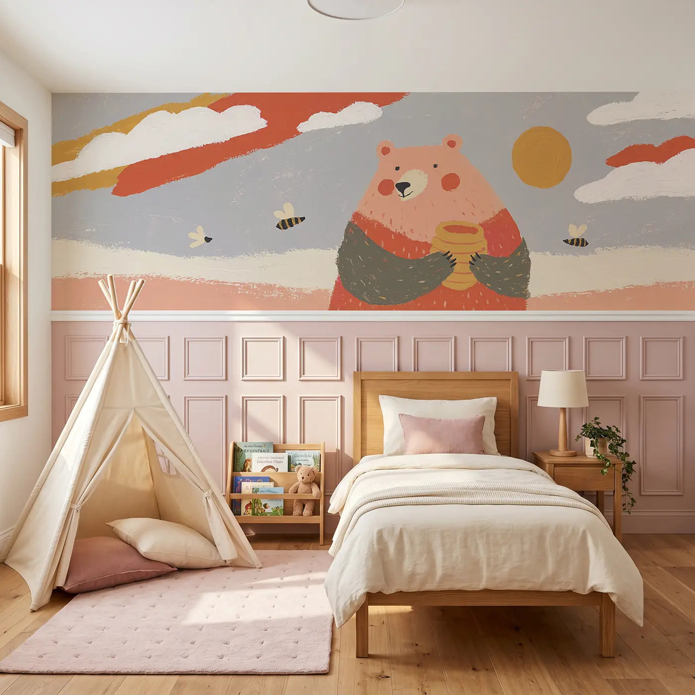 Modern Illustration bear honey pot bright wainscoting wallpaper for nursery by Whimsy Tots.