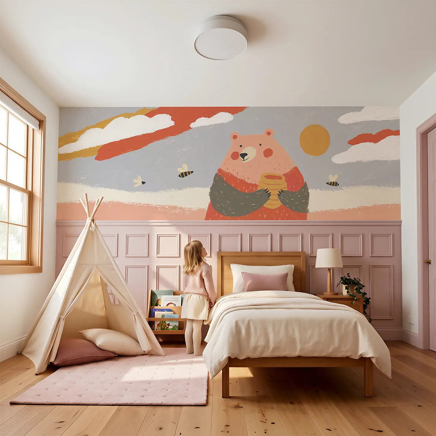 Child reading near Flat Bear Honey Pot Bright Wainscoting Wallpaper by Whimsy Tots