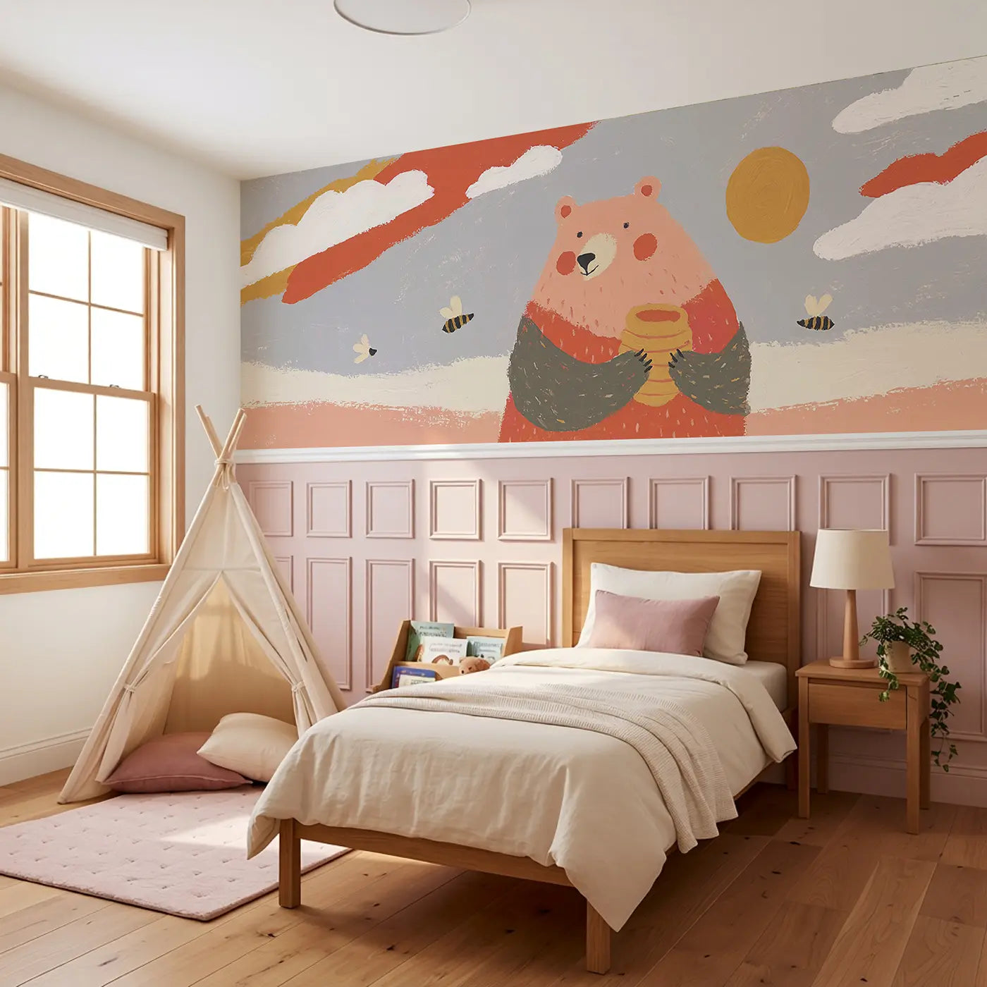 Flat Bear Honey Pot Bright Wainscoting Wallpaper styled in a kids bedroom by Whimsy Tots