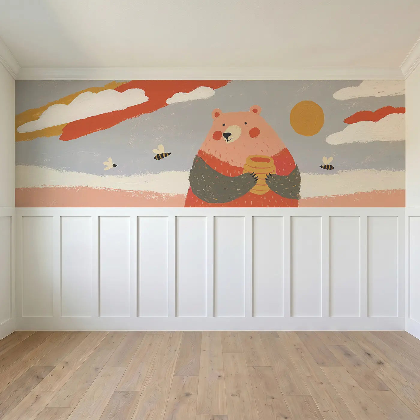 Full panel view of Flat Bear Honey Pot Bright Wainscoting Wallpaper by Whimsy Tots