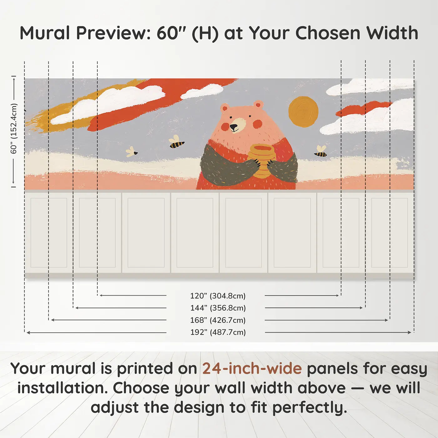 Panel dimensions for Flat Bear Honey Pot Bright Wainscoting Wallpaper by Whimsy Tots