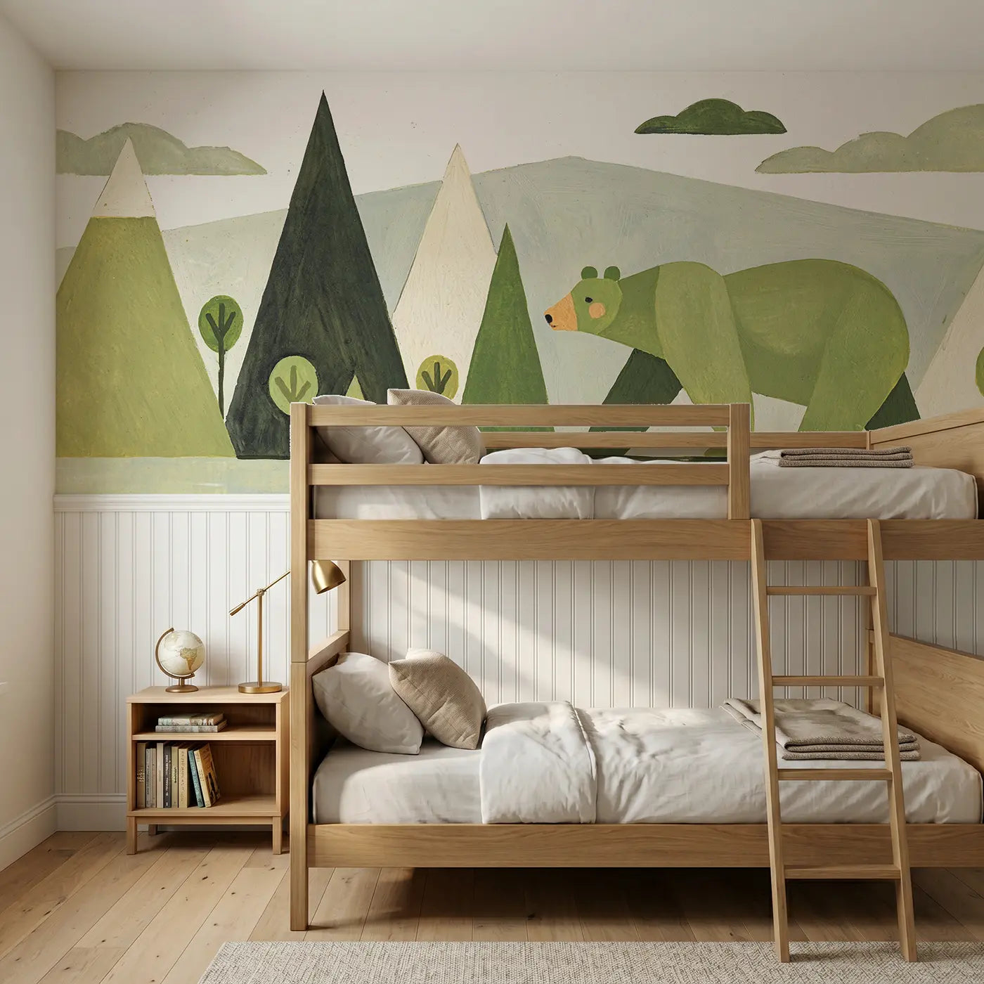 Modern Illustration bear mountain parade wainscoting wallpaper for bedroom by Whimsy Tots.