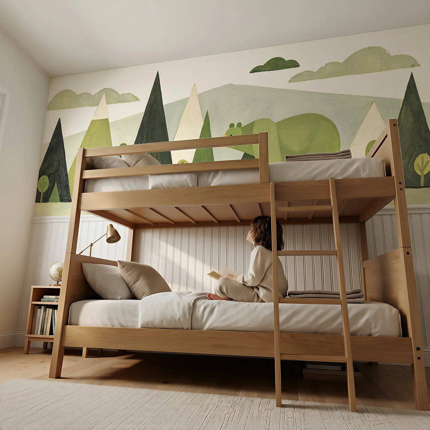 Child reading near Graphic Bear Mountain Parade Wainscoting Wallpaper by Whimsy Tots