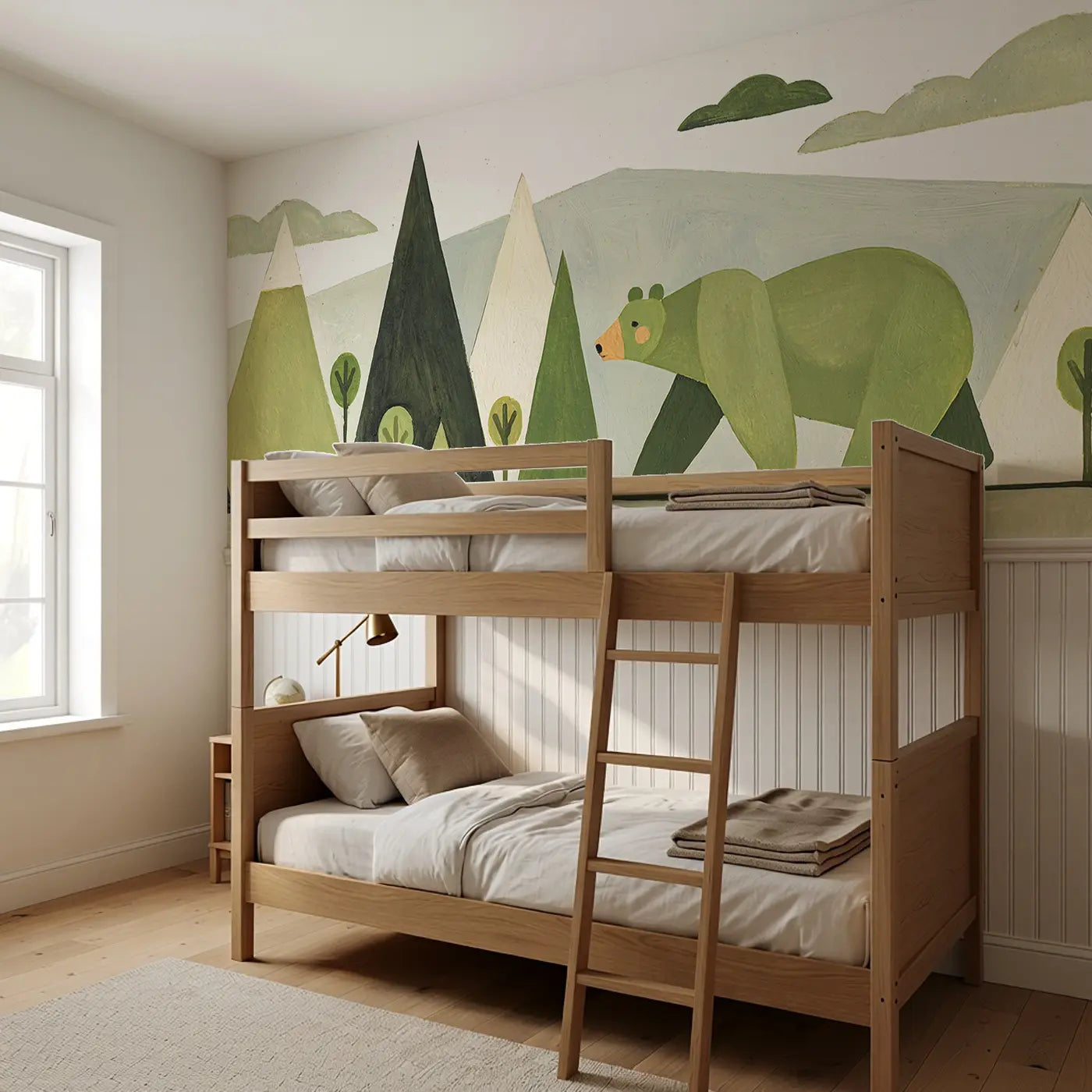 Graphic Bear Mountain Parade Wainscoting Wallpaper styled in a kids bedroom by Whimsy Tots