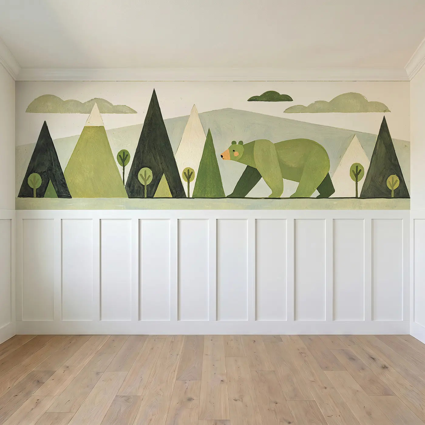 Full panel view of Graphic Bear Mountain Parade Wainscoting Wallpaper by Whimsy Tots