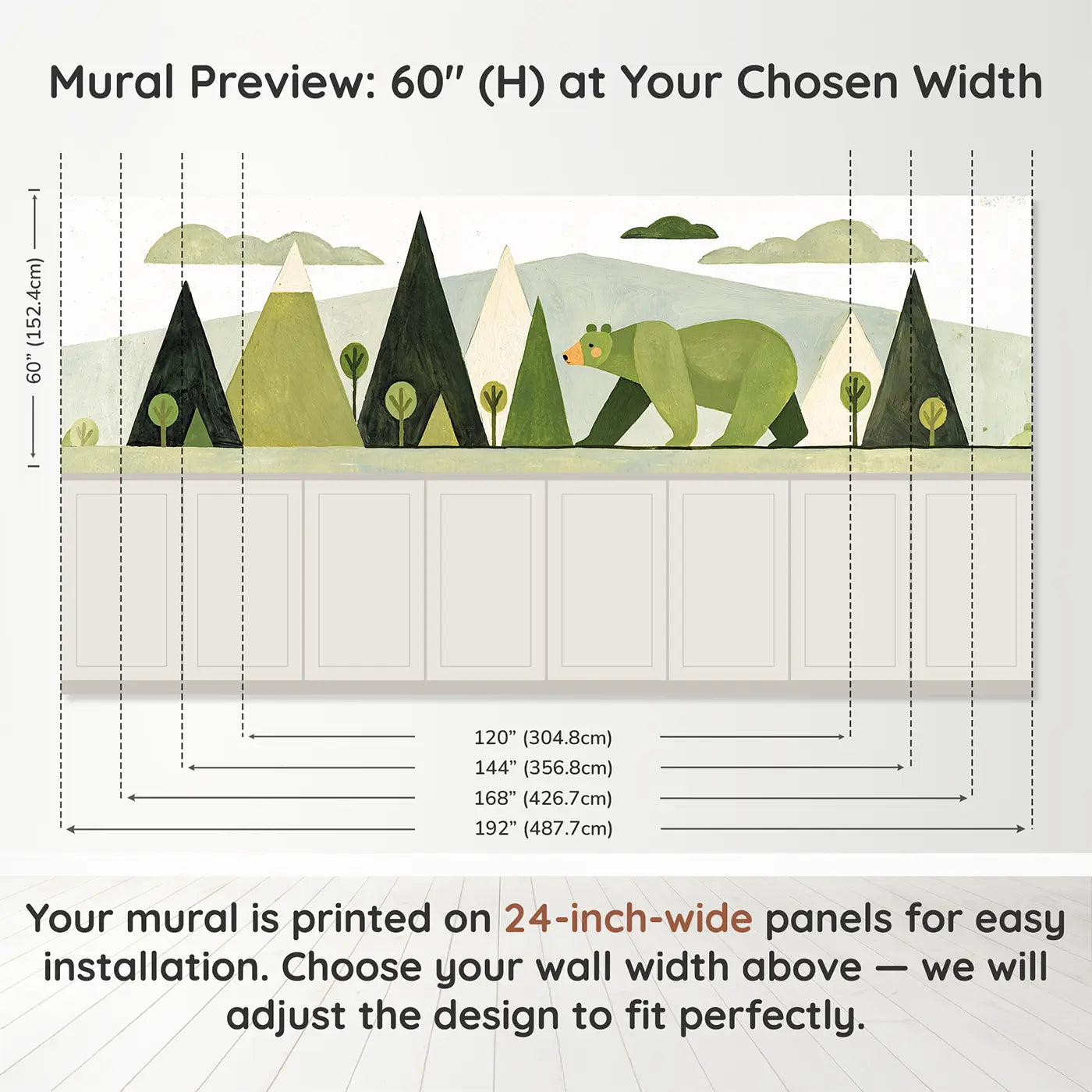 Panel dimensions for Graphic Bear Mountain Parade Wainscoting Wallpaper by Whimsy Tots