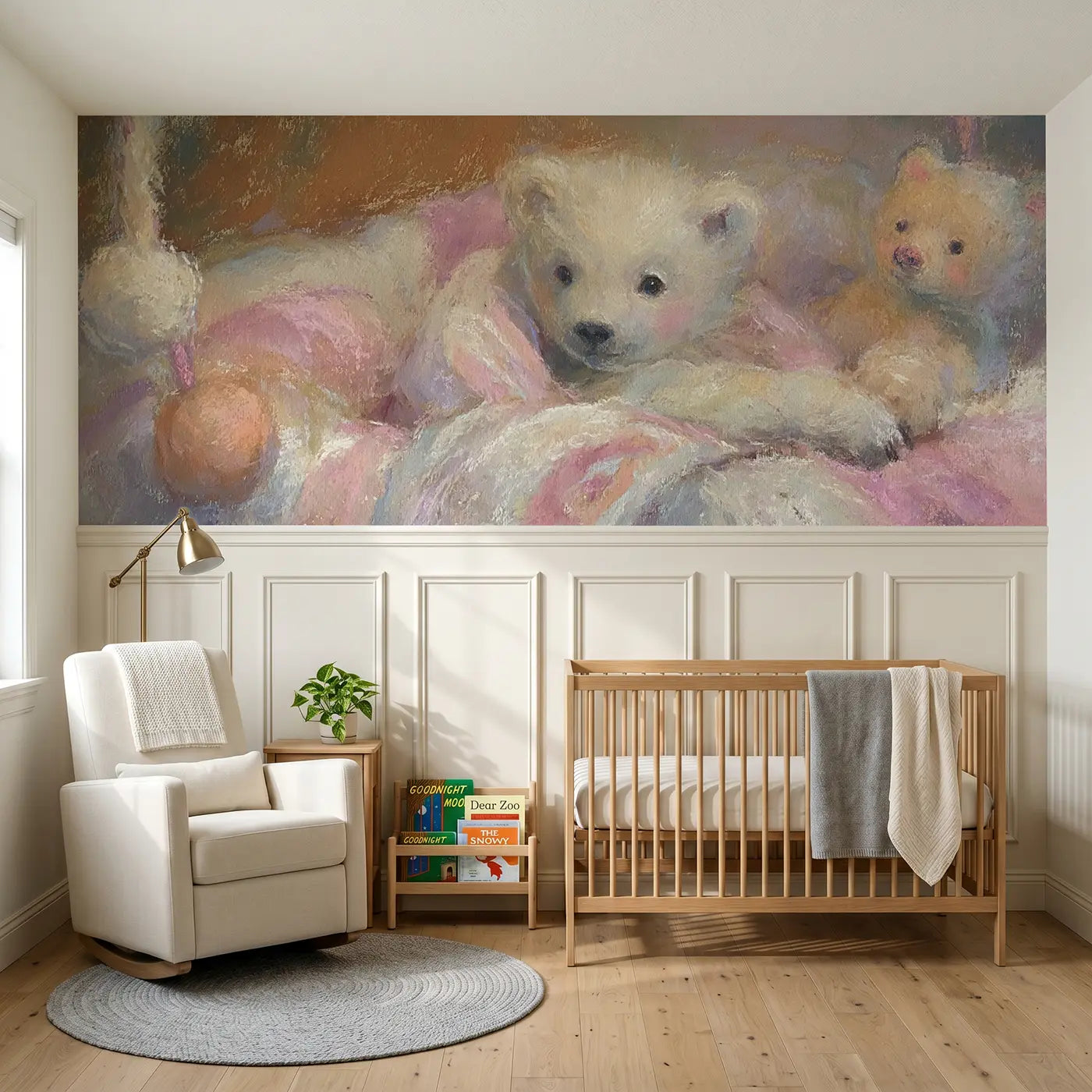 Soft Pastel bear cub blanket hug chalk wainscoting wallpaper for nursery by Whimsy Tots.