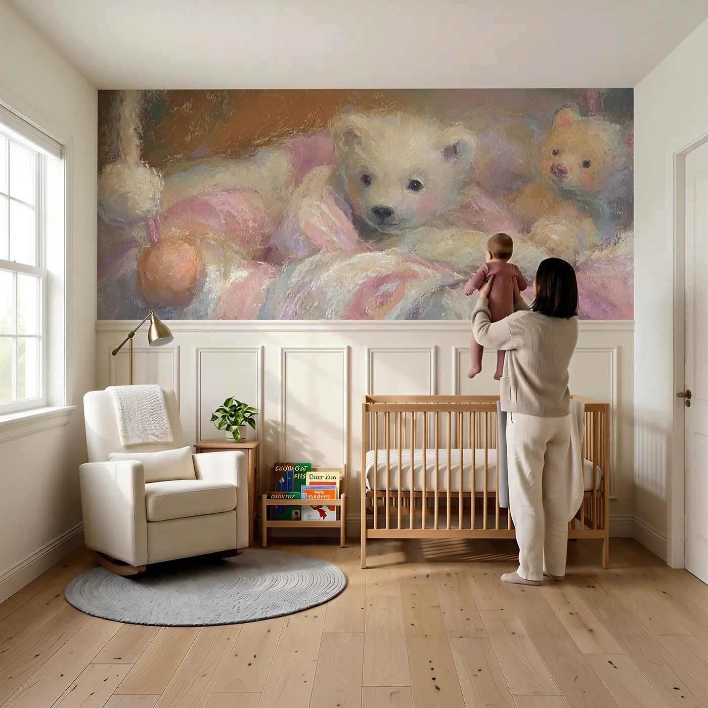 Child reading near Chalk Bear Cub Blanket Hug Wainscoting Wallpaper by Whimsy Tots