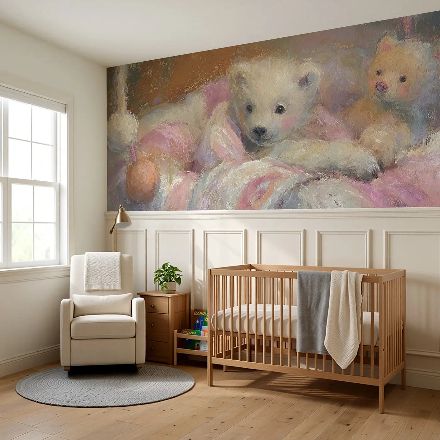 Chalk Bear Cub Blanket Hug Wainscoting Wallpaper styled in a kids bedroom by Whimsy Tots
