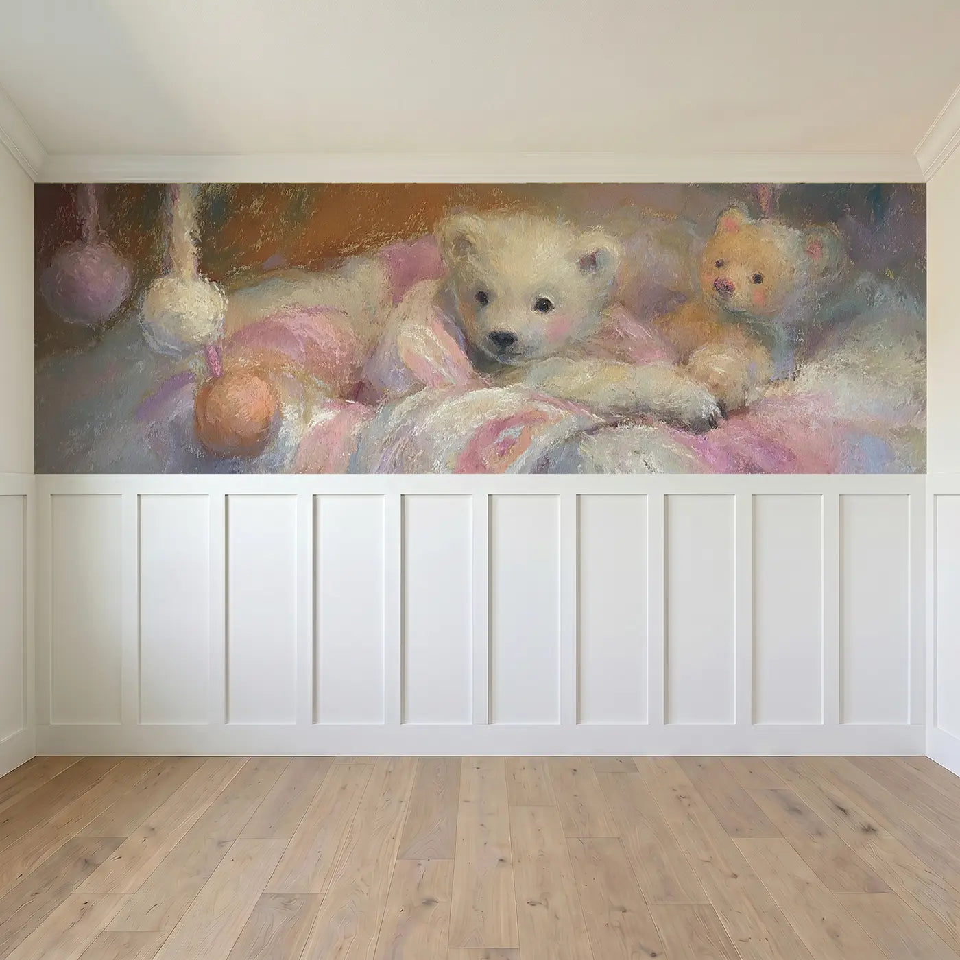 Full panel view of Chalk Bear Cub Blanket Hug Wainscoting Wallpaper by Whimsy Tots