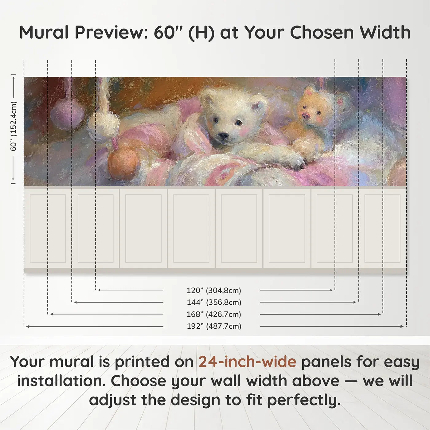 Panel dimensions for Chalk Bear Cub Blanket Hug Wainscoting Wallpaper by Whimsy Tots