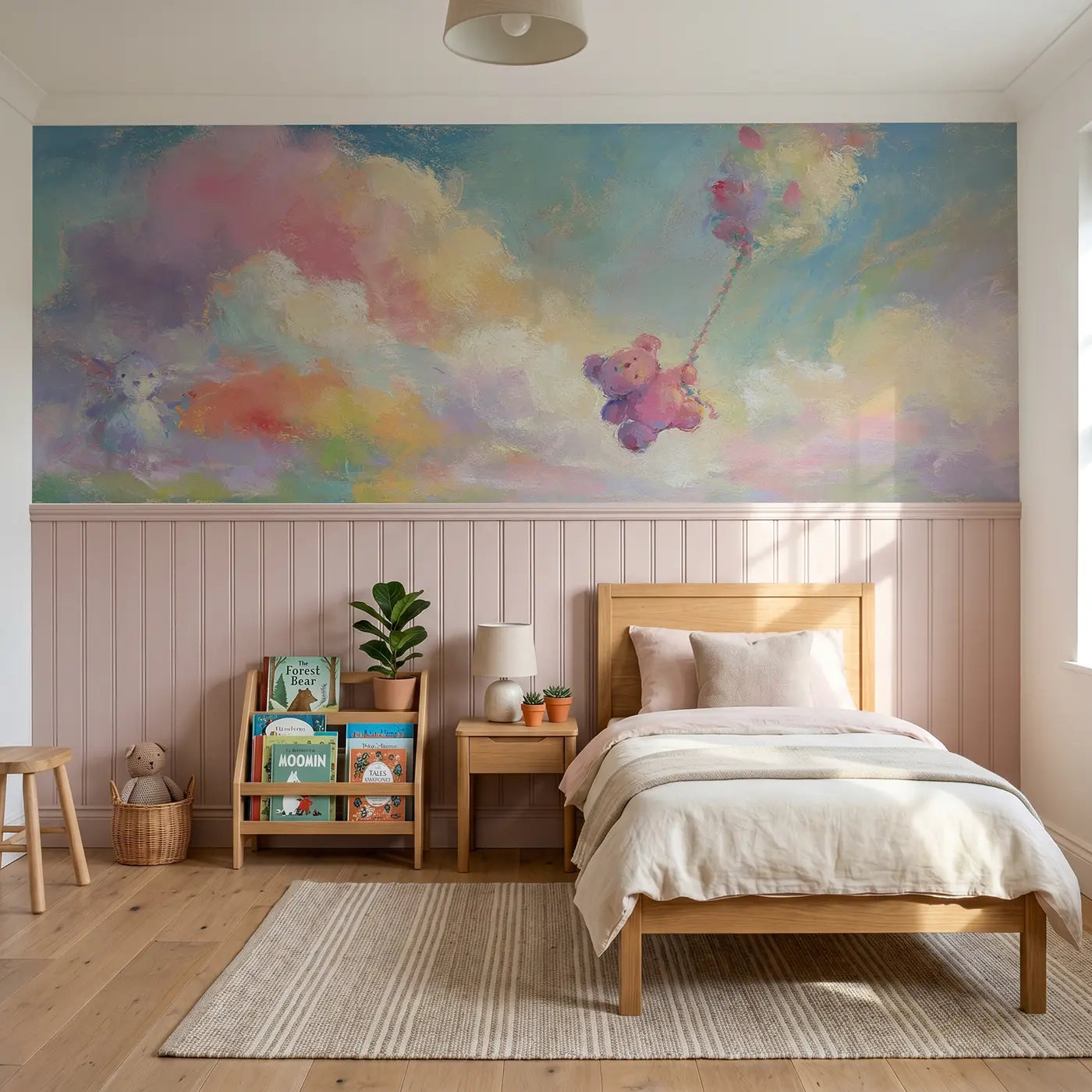 Soft Pastel bear balloon wobble chalk wainscoting wallpaper for nursery by Whimsy Tots.