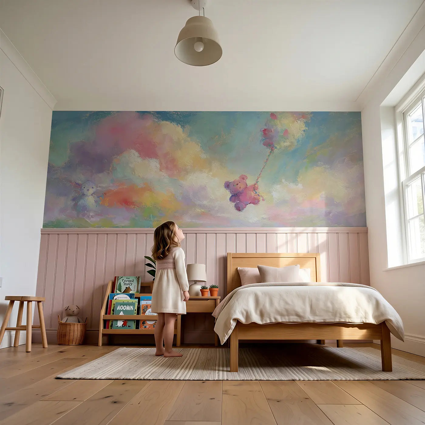 Child reading near Pastel Bear Balloon Wobble Wainscoting Wallpaper by Whimsy Tots