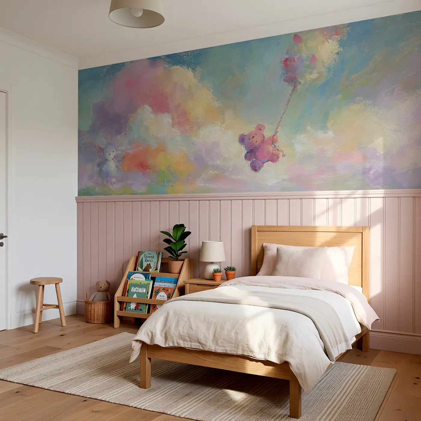 Pastel Bear Balloon Wobble Wainscoting Wallpaper styled in a kids bedroom by Whimsy Tots
