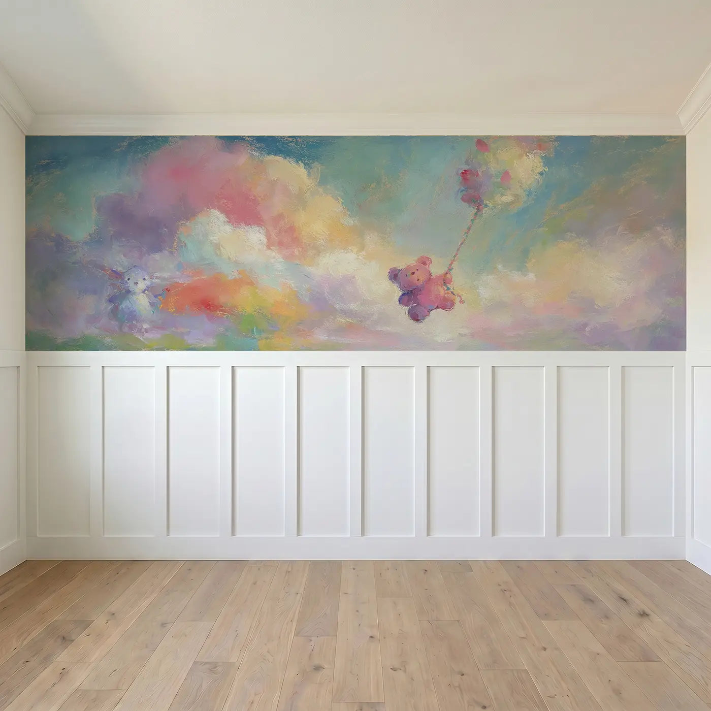 Full panel view of Pastel Bear Balloon Wobble Wainscoting Wallpaper by Whimsy Tots