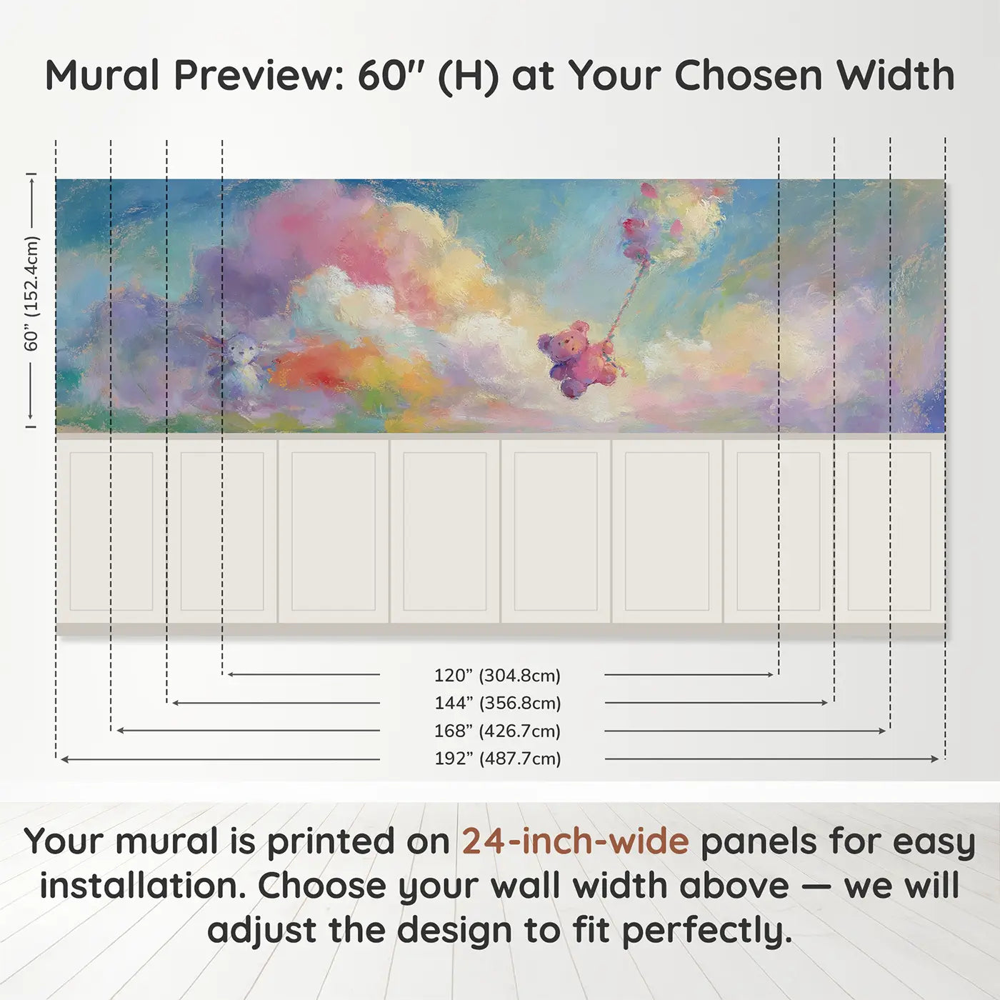 Panel dimensions for Pastel Bear Balloon Wobble Wainscoting Wallpaper by Whimsy Tots