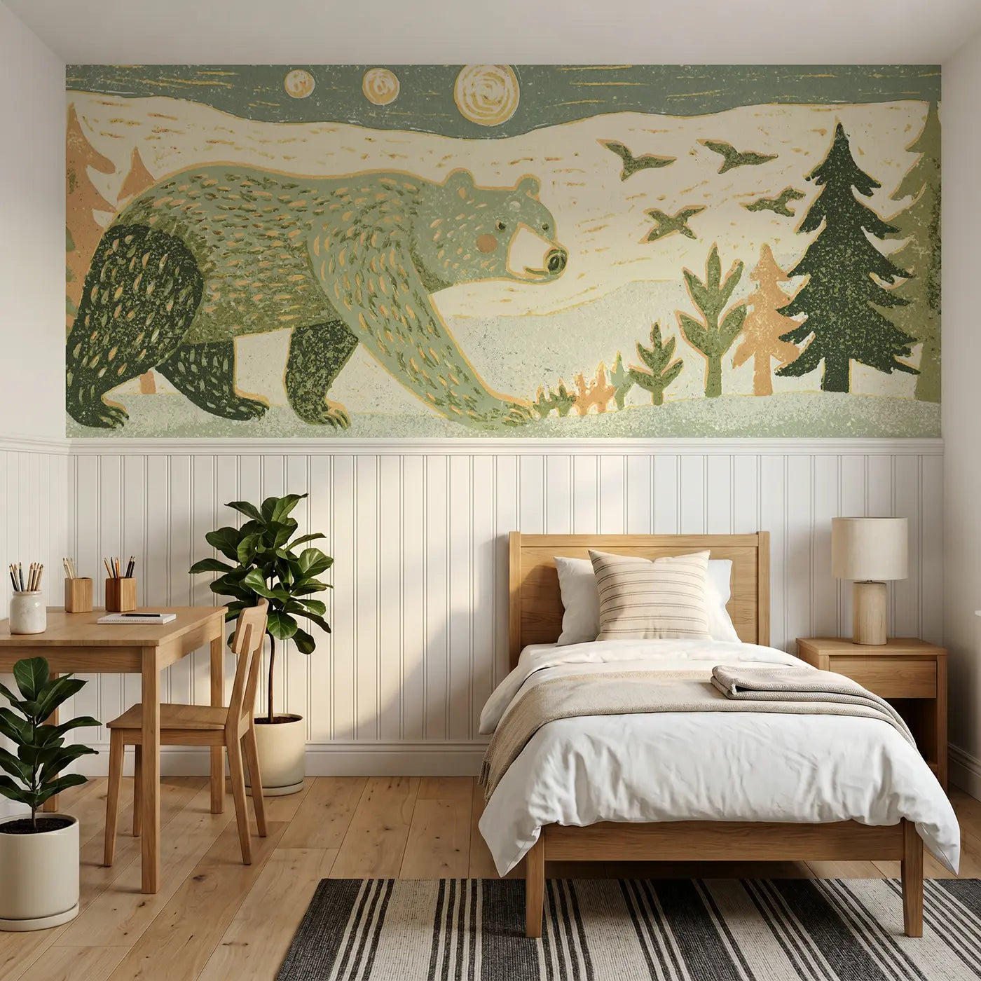 Block Print bear forest band wainscoting wallpaper for bedroom by Whimsy Tots.