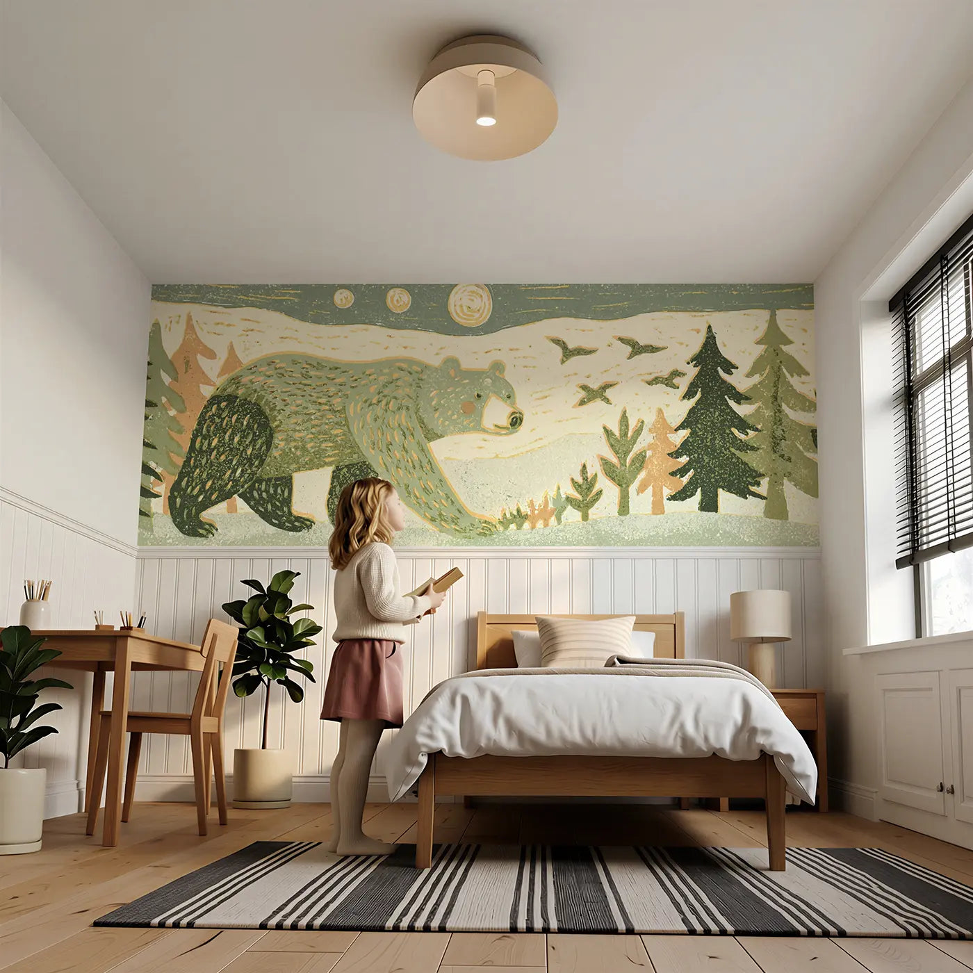 Child reading near Carved Bear Forest Band Wainscoting Wallpaper by Whimsy Tots