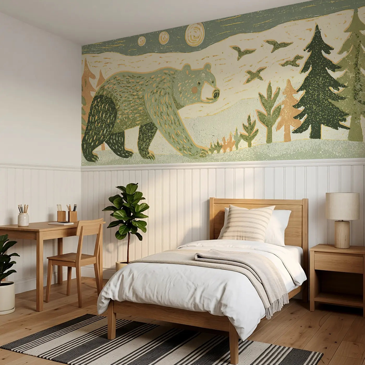 Carved Bear Forest Band Wainscoting Wallpaper styled in a kids bedroom by Whimsy Tots