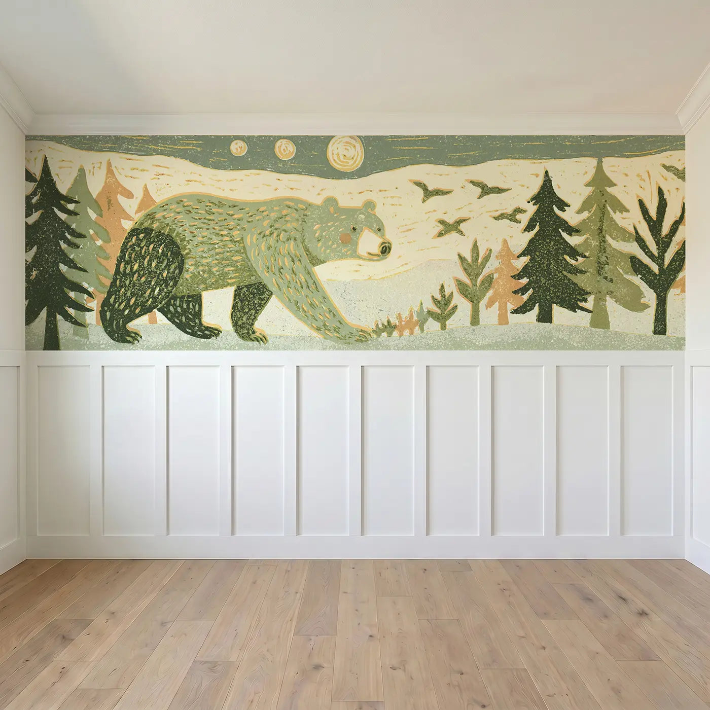 Full panel view of Carved Bear Forest Band Wainscoting Wallpaper by Whimsy Tots