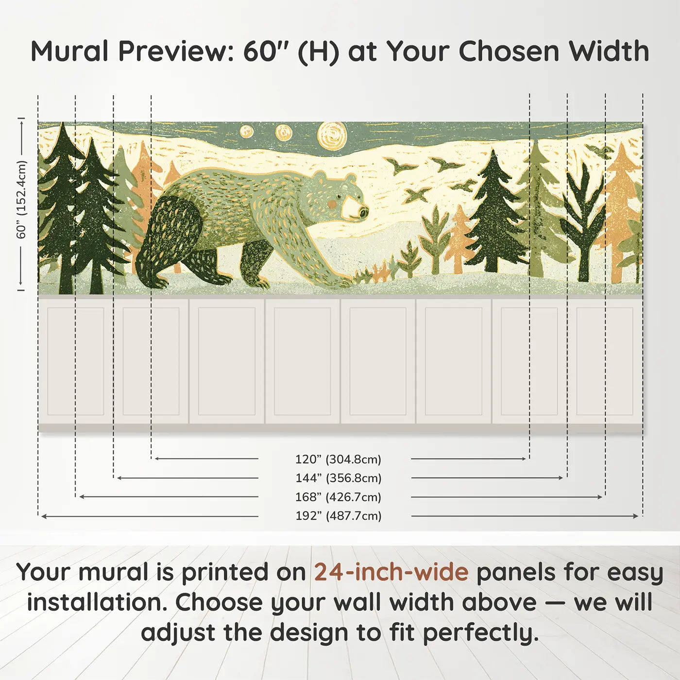 Panel dimensions for Carved Bear Forest Band Wainscoting Wallpaper by Whimsy Tots