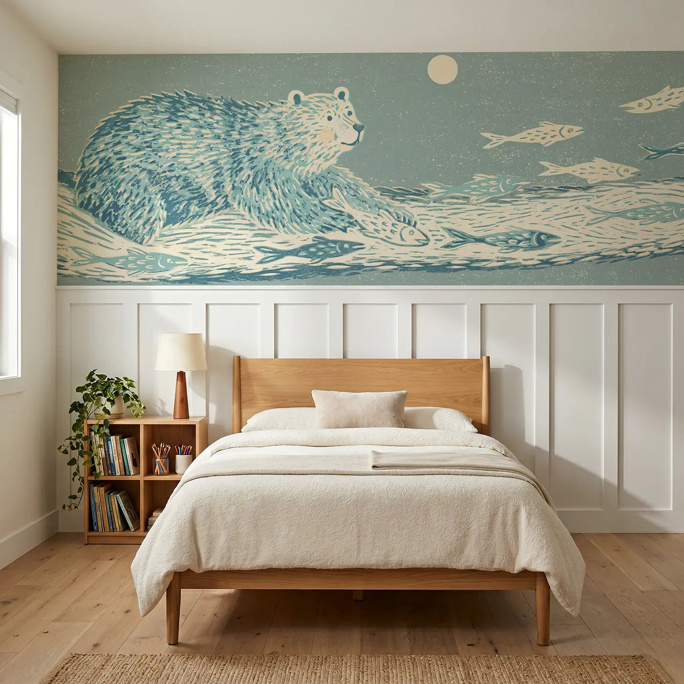 Block Print bear fish scene wainscoting wallpaper for bedroom by Whimsy Tots.
