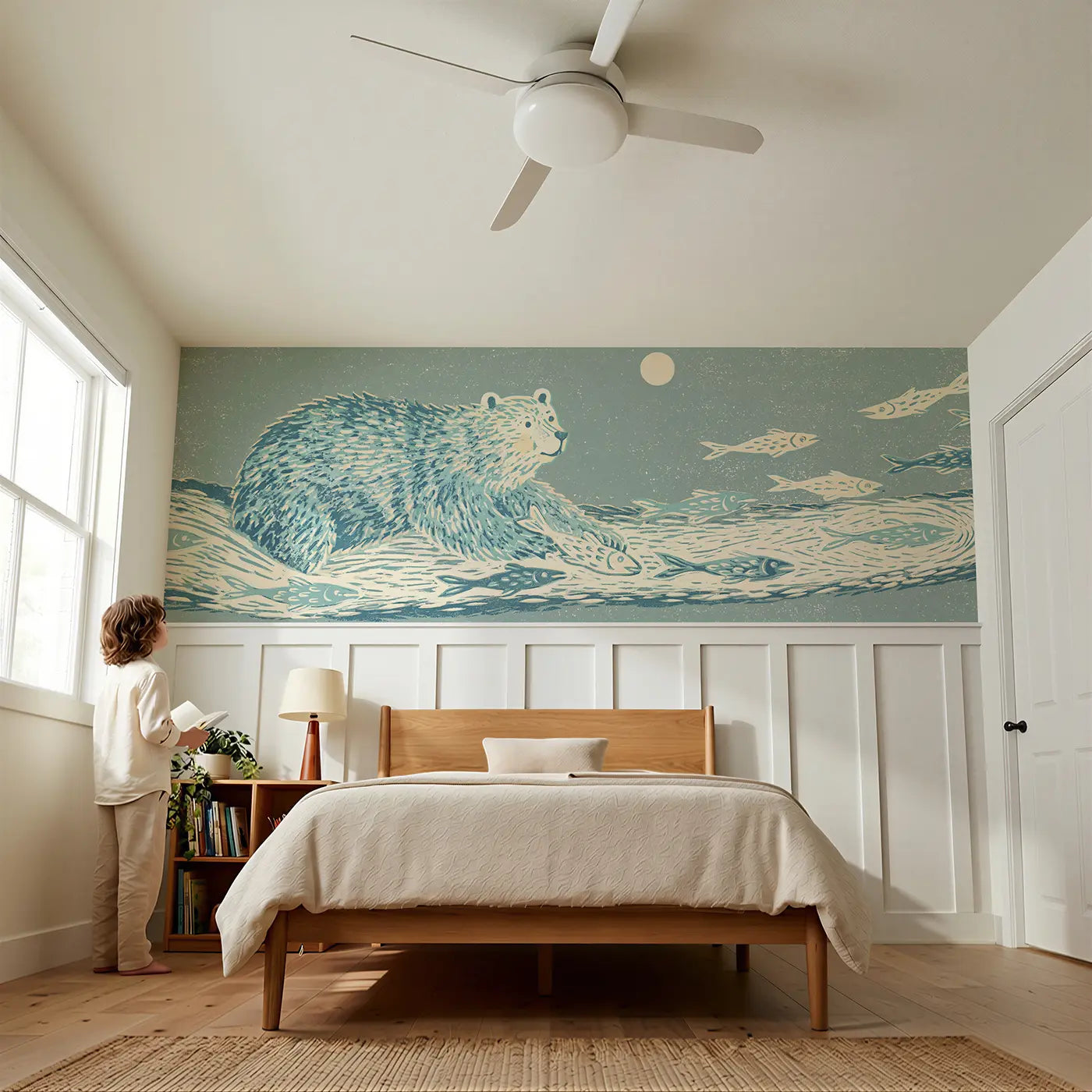 Child reading near Block Print Bear Fish Scene Wainscoting Wallpaper by Whimsy Tots