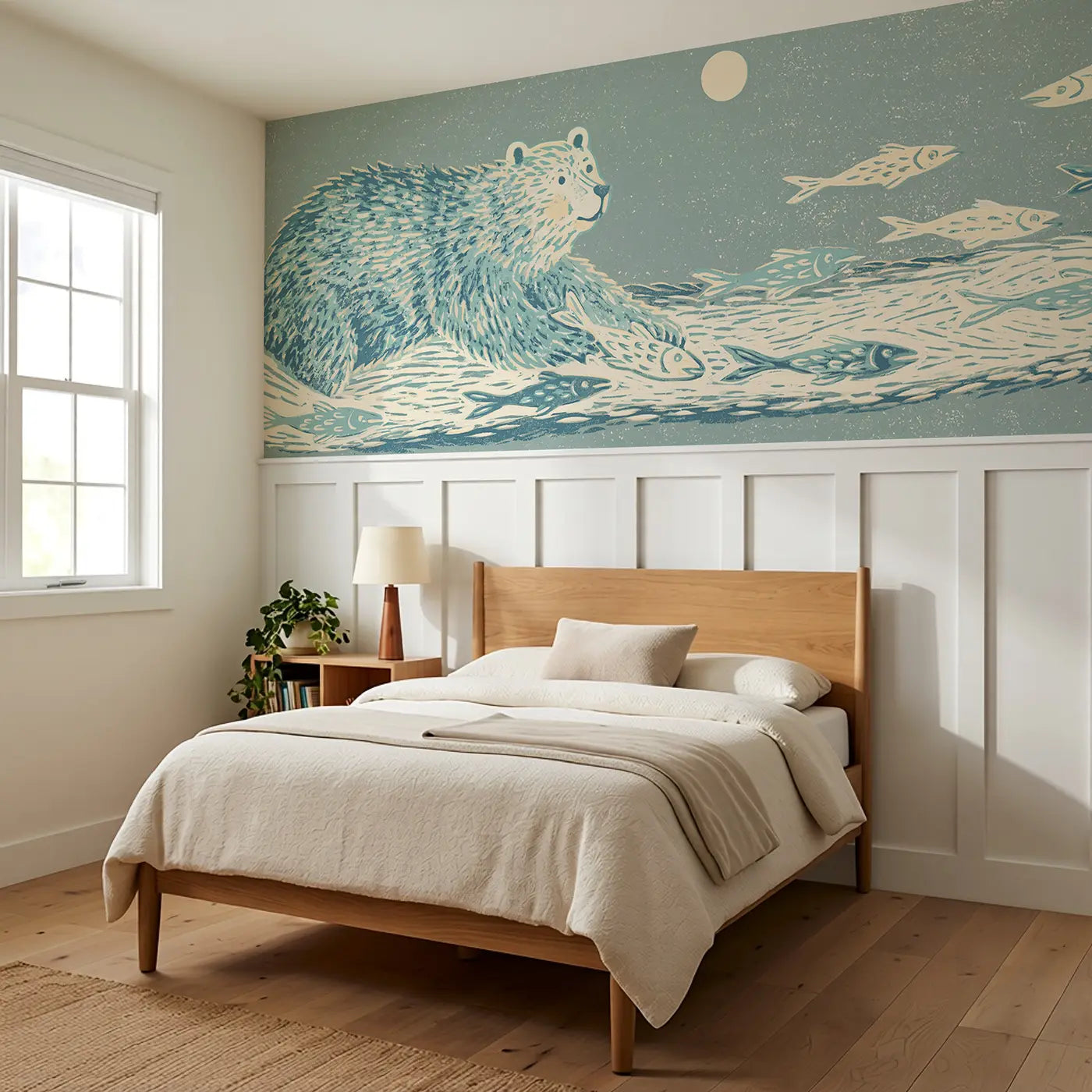 Block Print Bear Fish Scene Wainscoting Wallpaper styled in a kids bedroom by Whimsy Tots