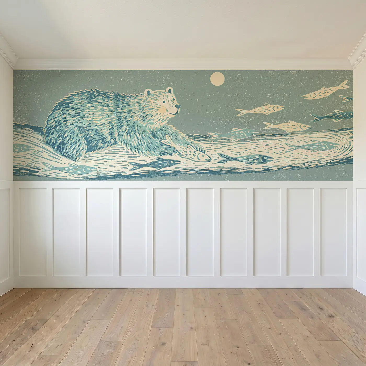 Full panel view of Block Print Bear Fish Scene Wainscoting Wallpaper by Whimsy Tots