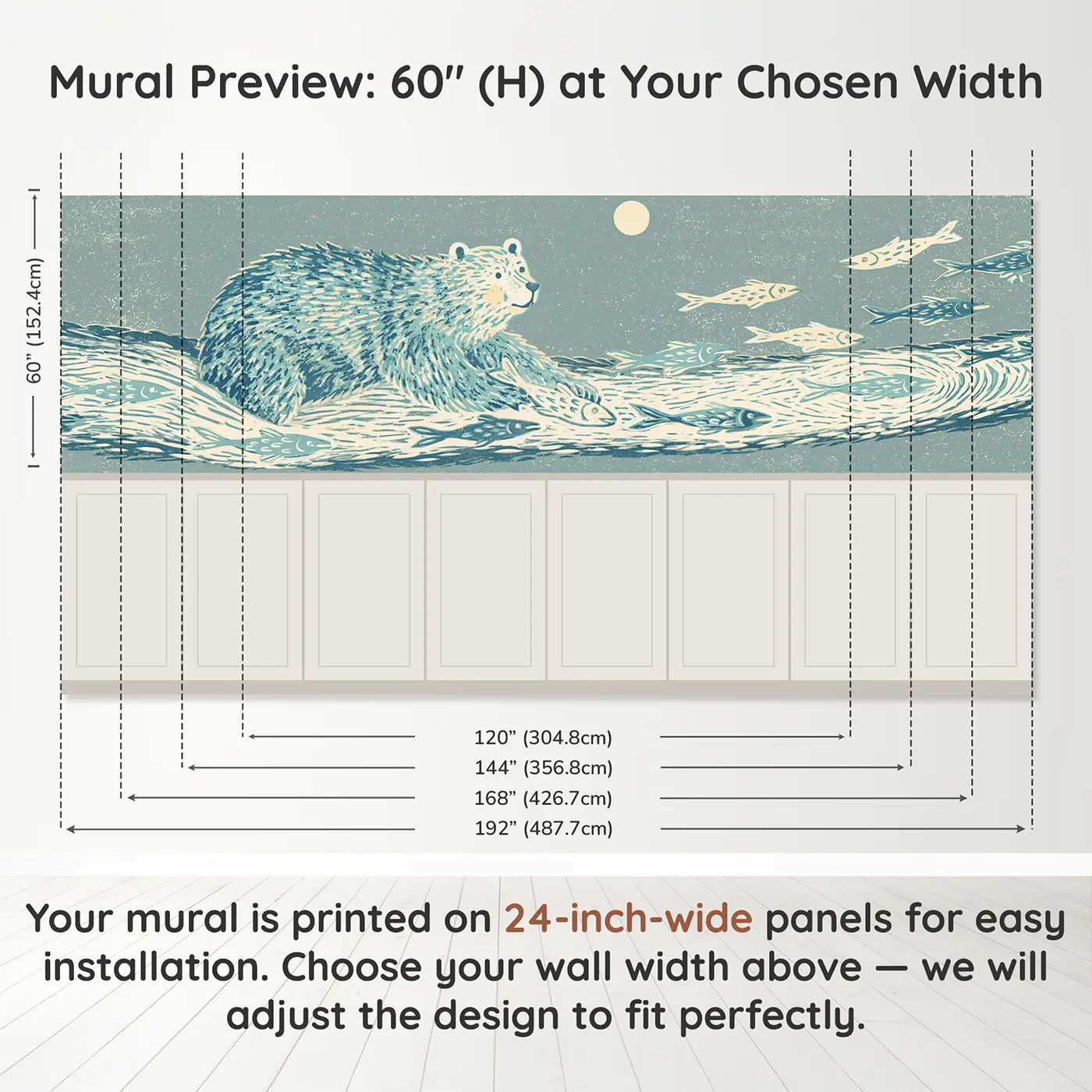 Panel dimensions for Block Print Bear Fish Scene Wainscoting Wallpaper by Whimsy Tots
