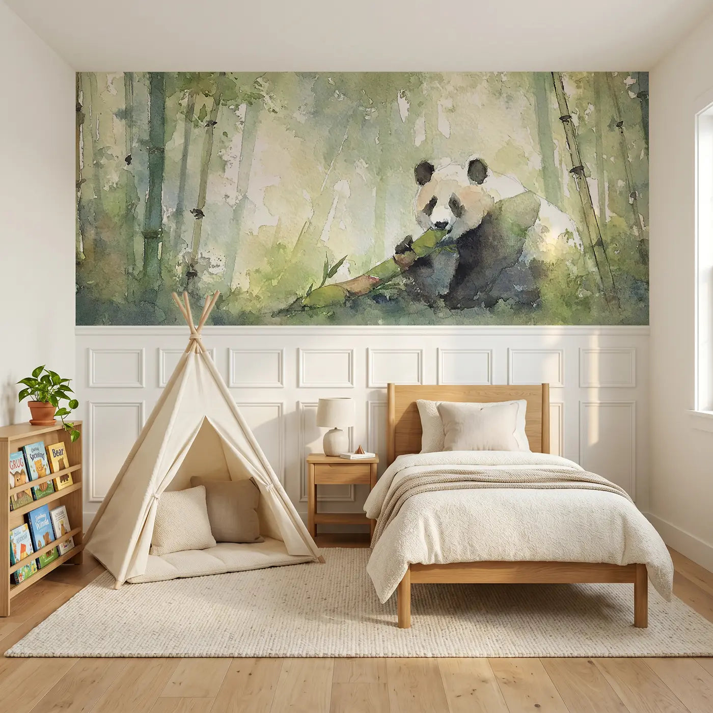 Watercolor panda bamboo breakfast morning wainscoting wallpaper for nursery by Whimsy Tots.