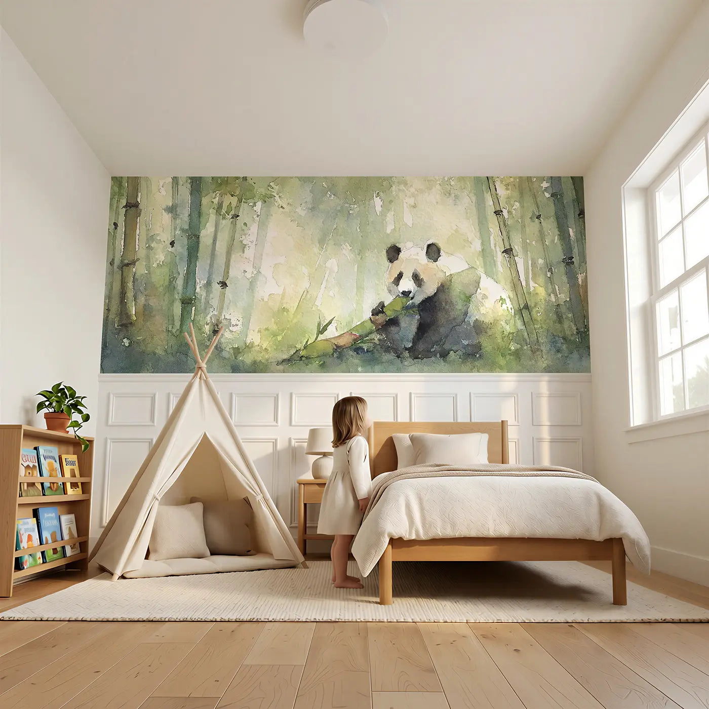 Child reading near Panda Bamboo Breakfast Morning Wainscoting Wallpaper by Whimsy Tots