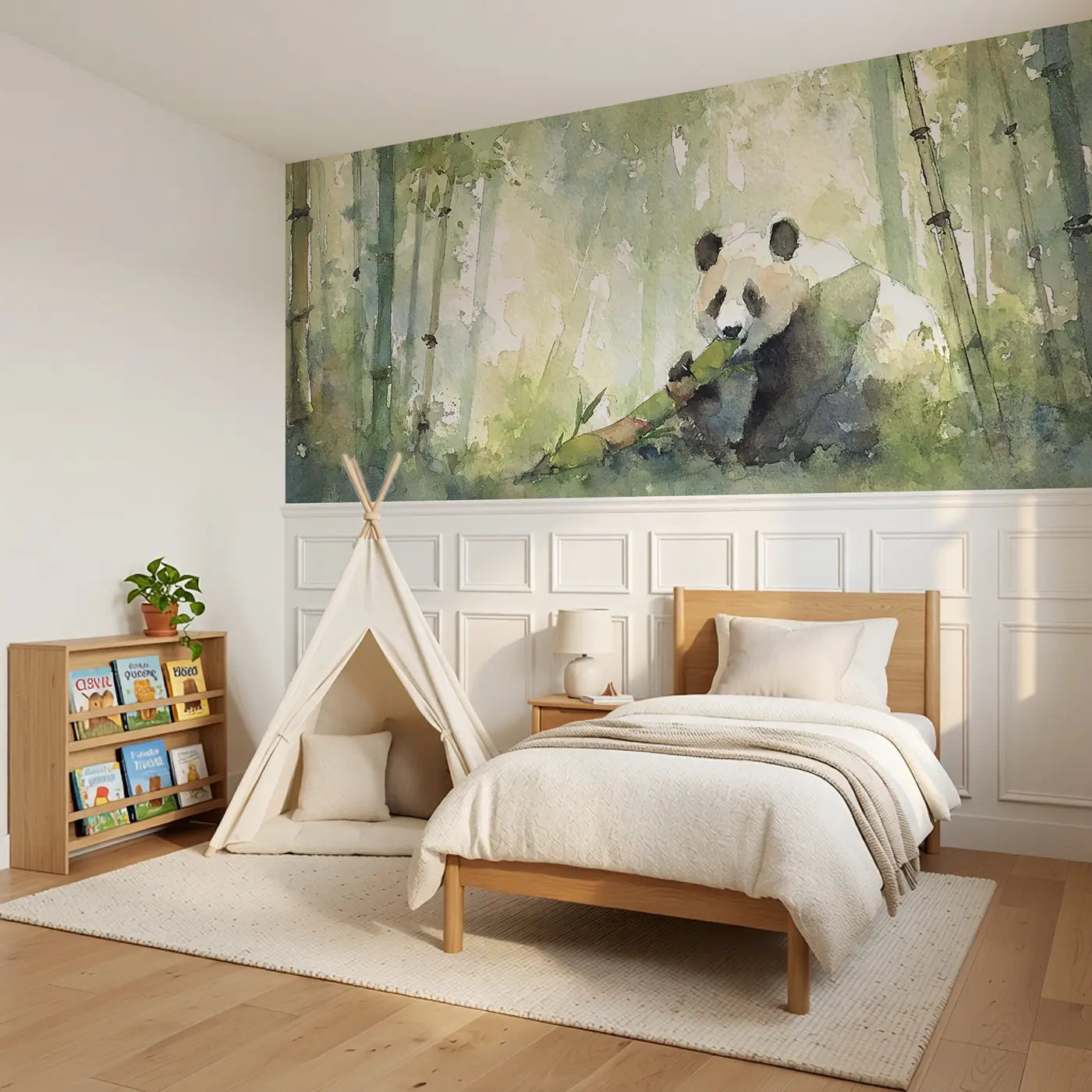 Panda Bamboo Breakfast Morning Wainscoting Wallpaper styled in a kids bedroom by Whimsy Tots