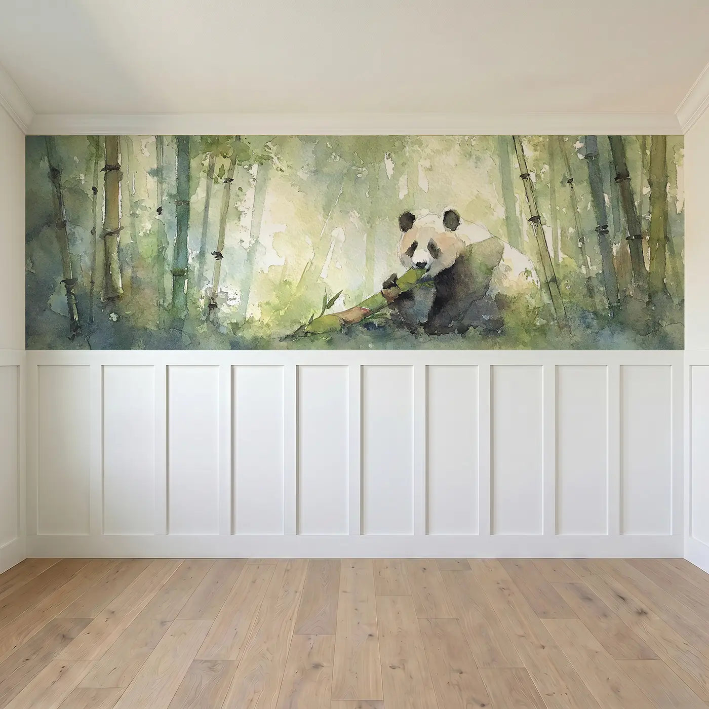 Full panel view of Panda Bamboo Breakfast Morning Wainscoting Wallpaper by Whimsy Tots